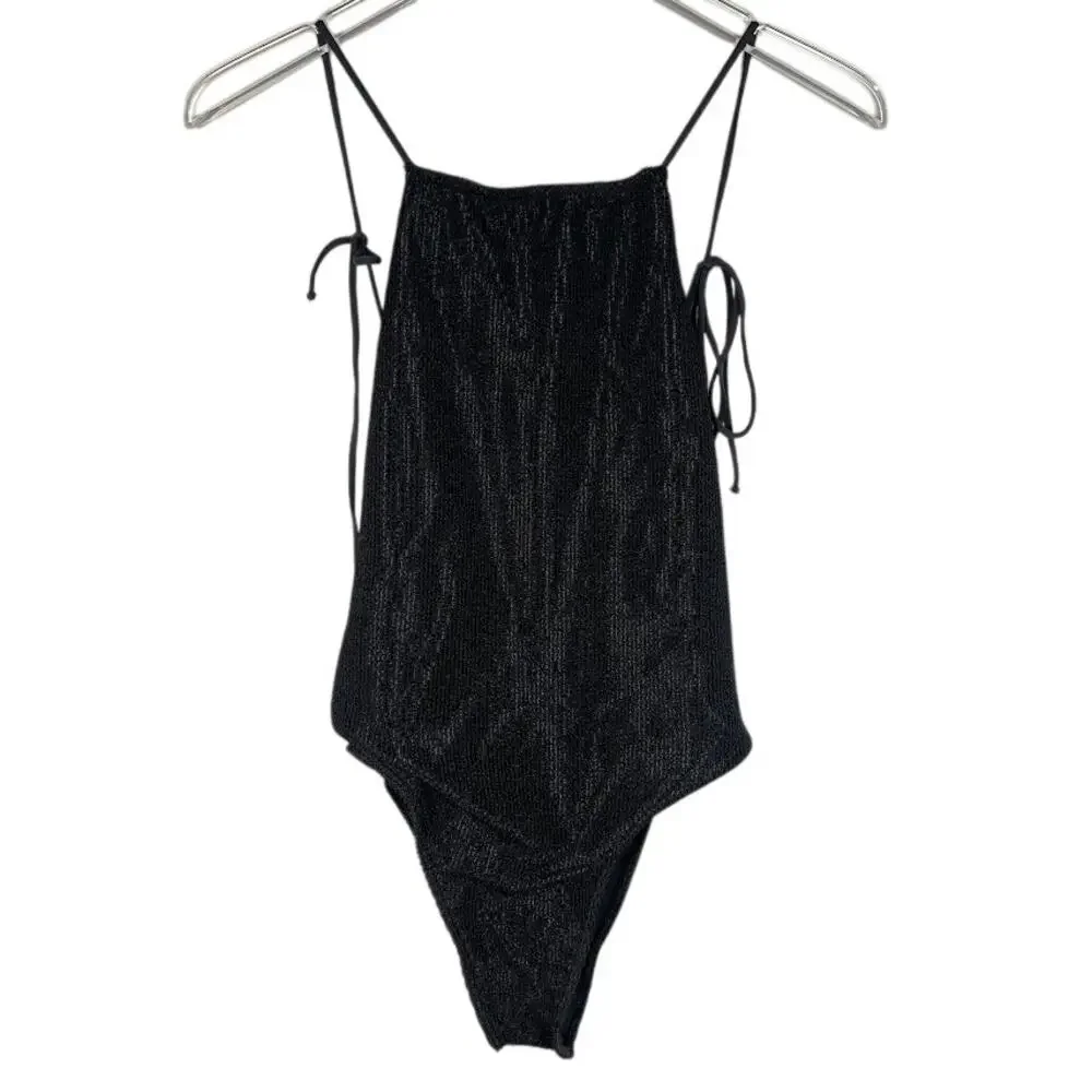 Frankie's Bikinis Women's Hide and Seek One Piece M Black Tie Straps Ribbed Knit
